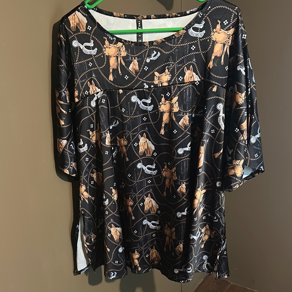 Black Western-Print Women's Blouse with Tan Accents